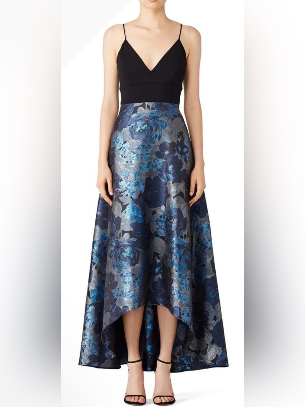 Small Badgley Mischka Formal Dress Black with Blue and Silver Brocade Skirt
